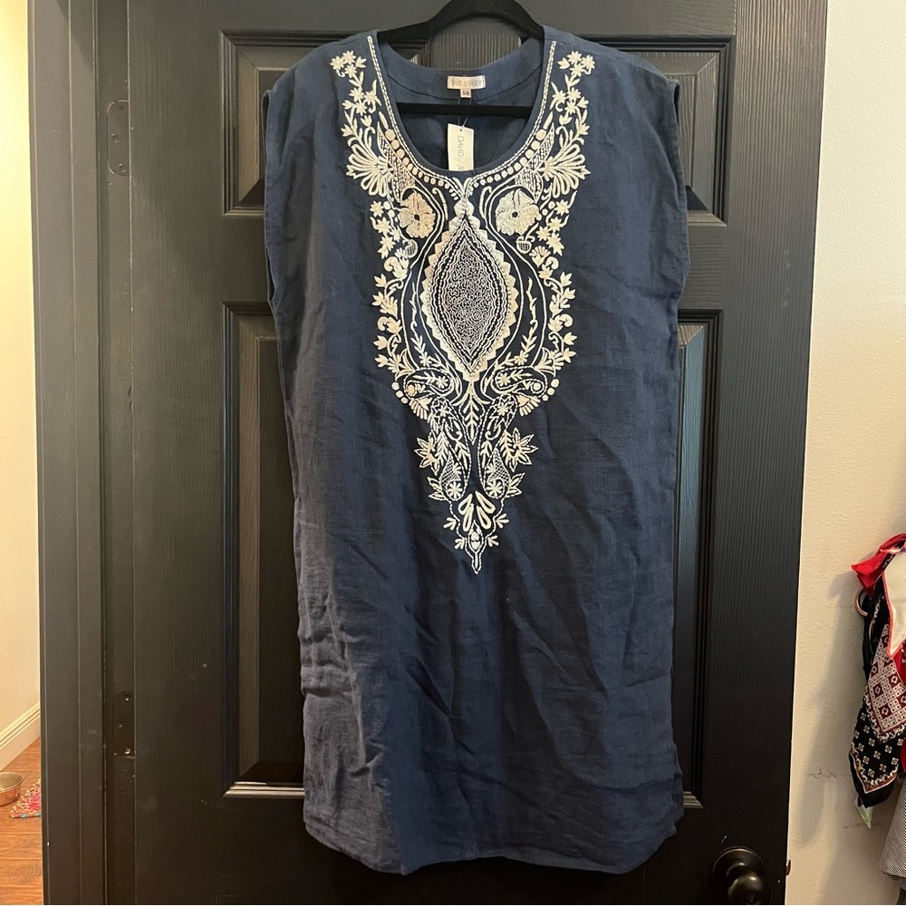 David Jeffery Embroidered Blue Linen Dress, Sz S/M, NWT